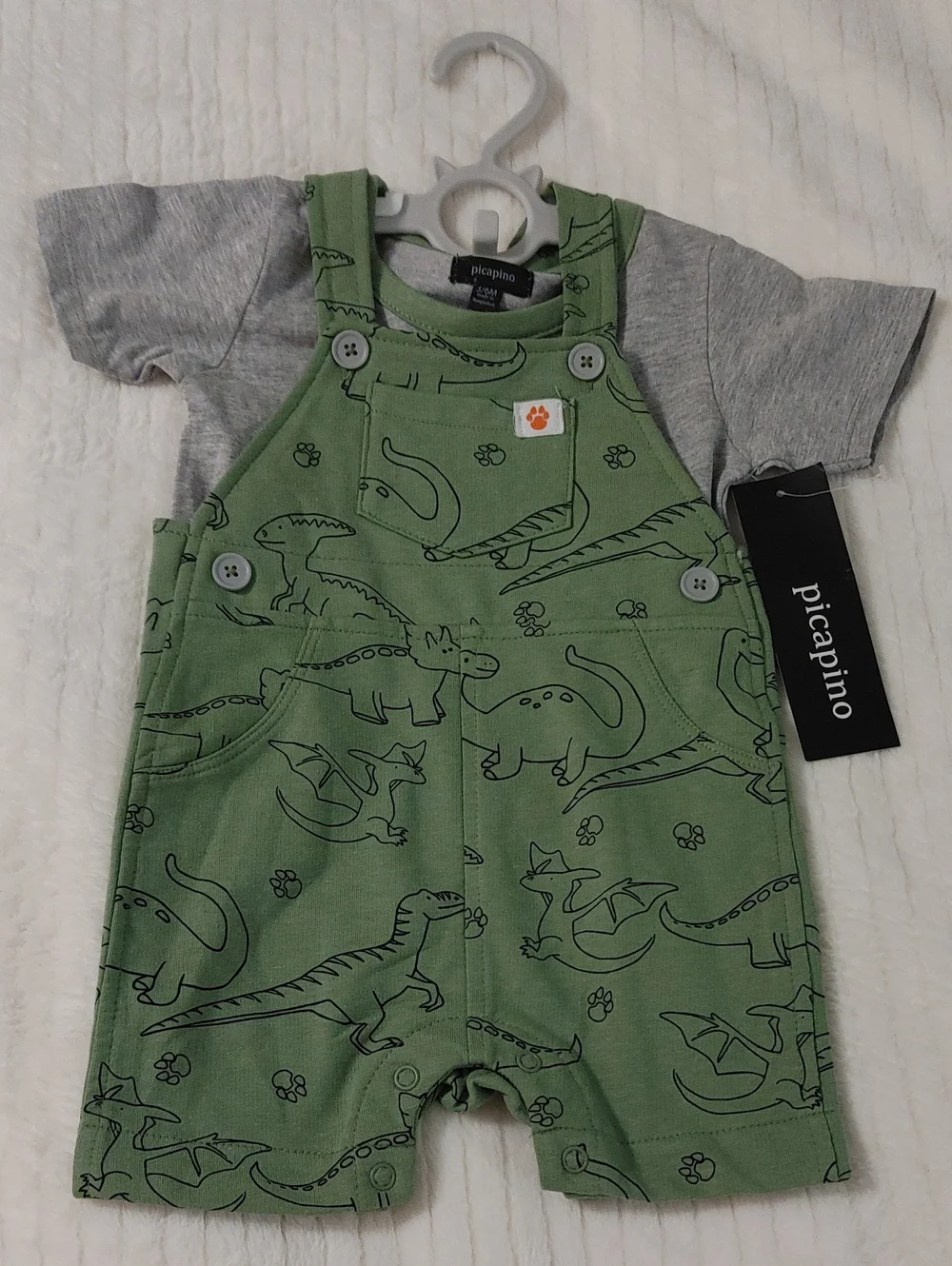 2 PC Picapino Green Dino Short Overalls with Gray Tee